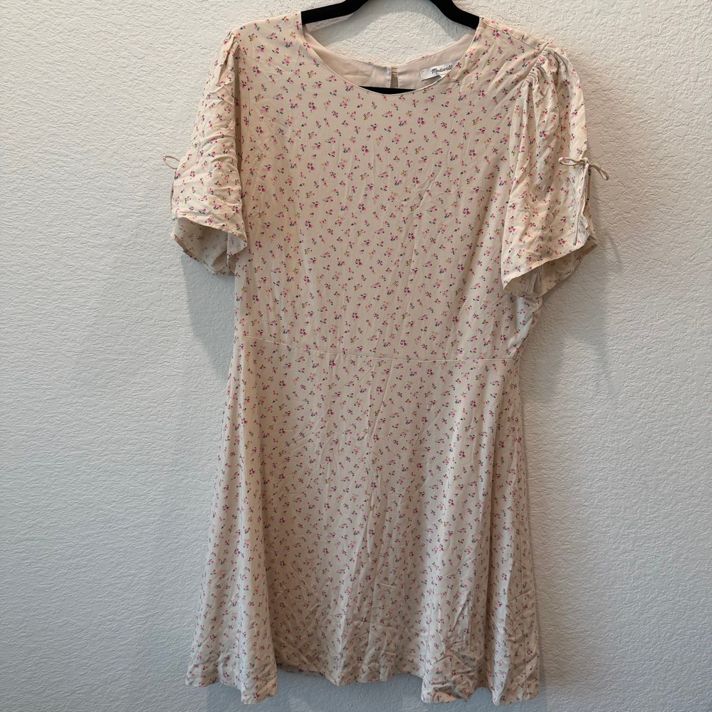 Madewell Silk Tie-Sleeve Dress Ditsy Floral Pink Cream A0240 Size 8 NWT